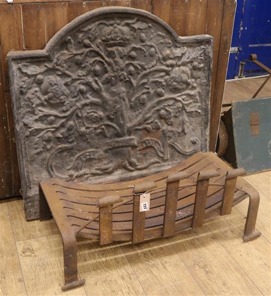 A large cast iron fire back and a fire grate fire back W.88cm